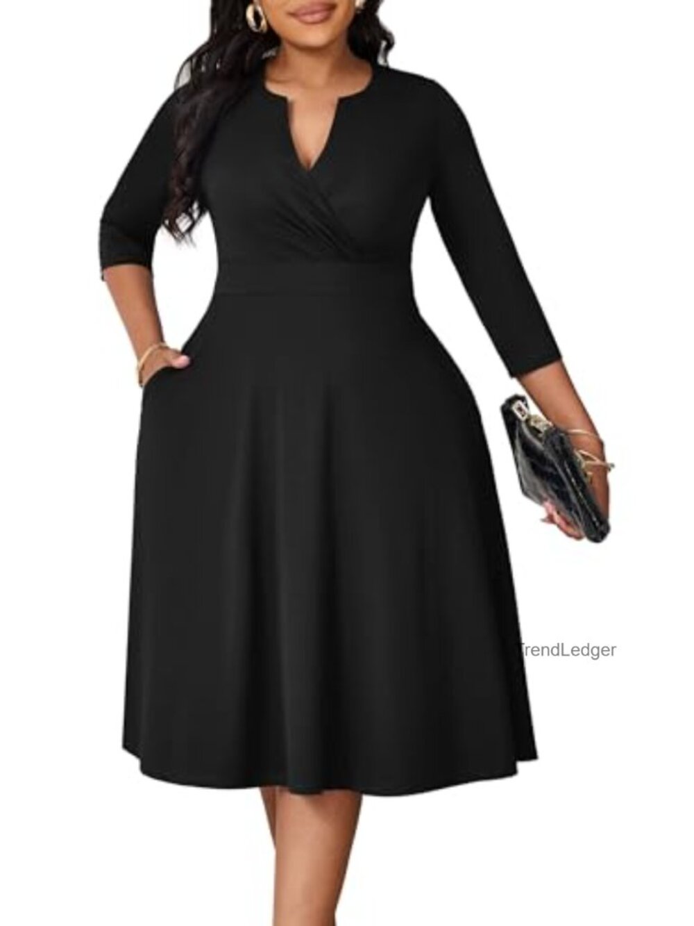 Plus Size A-Line V Neck Midi Dress 3/4 Sleeve Casual Semi Formal